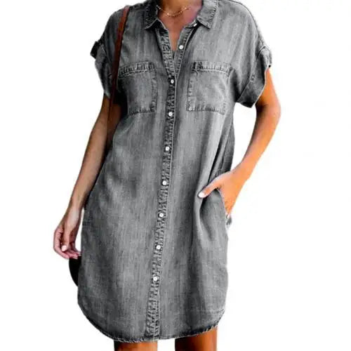 Summer Denim Shirt Dress with Pocket Simple