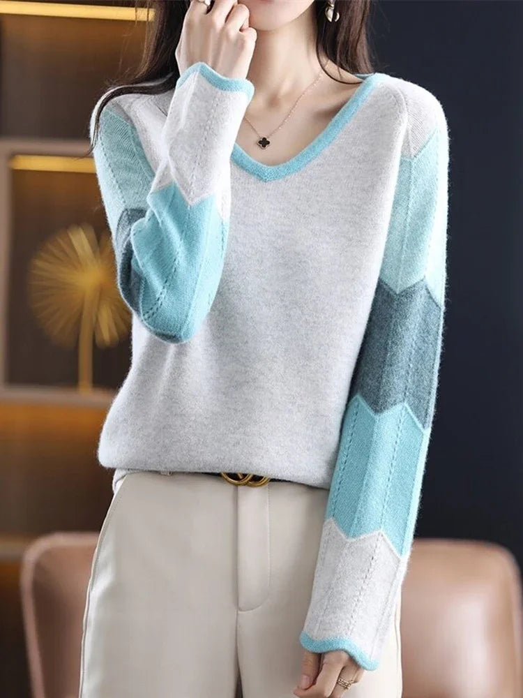Artist Style Patchwork V Neck Knitted Sweater Tops