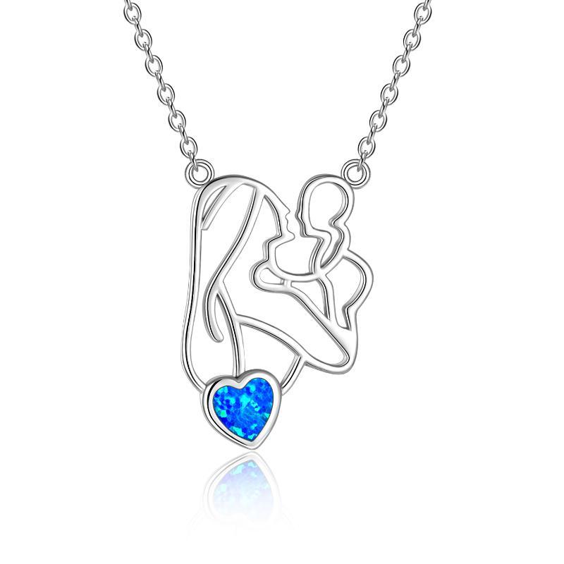 Hugging Mother/Child Unbreakable Bond Blue Opal Heart 925 Silver Necklace - Perfect Mother Gifts!