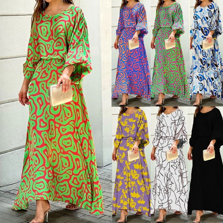 Fashion Loose Printed 2-Pcs Set with Long Sleeve Top & High Waist Long Skirt
