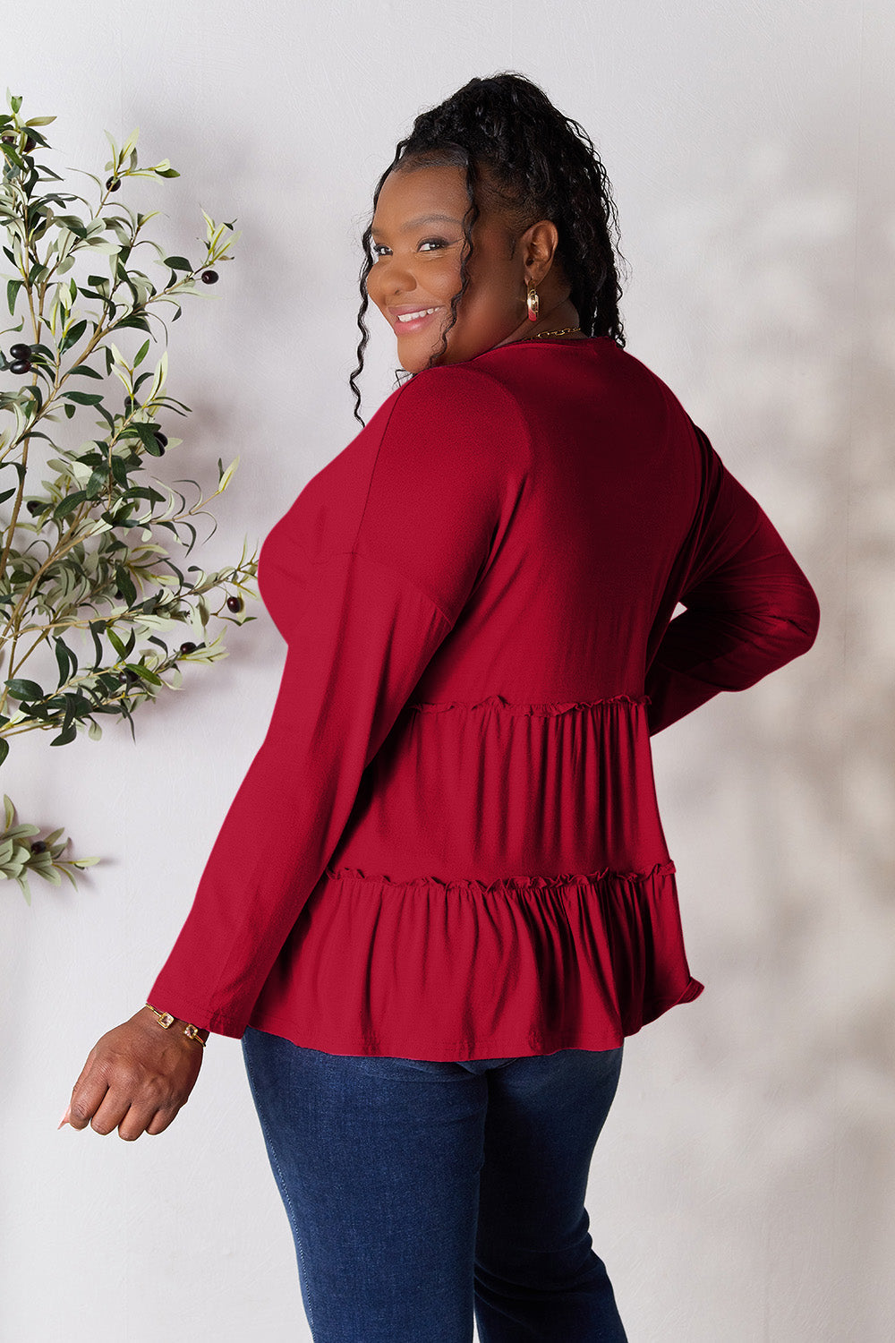 Comfy Ruffle Hem Double Take Half Button Blouse & Long Sleeve