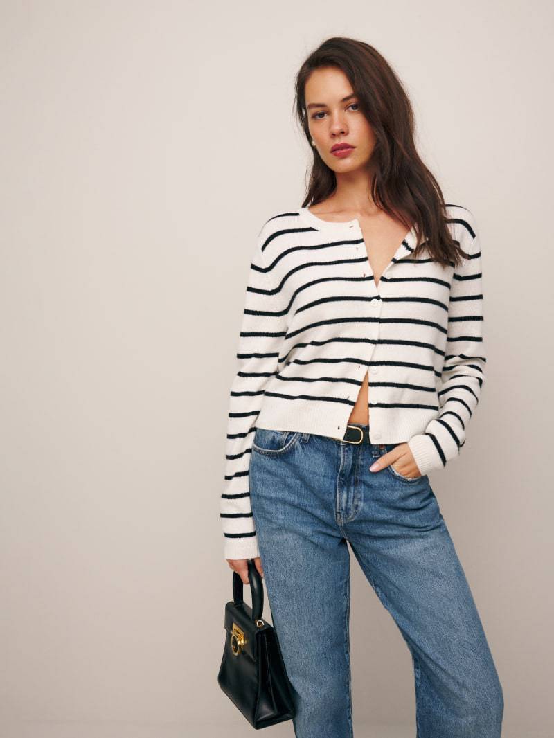 White Black Stripe Knitted Cardigan with Long Sleeved