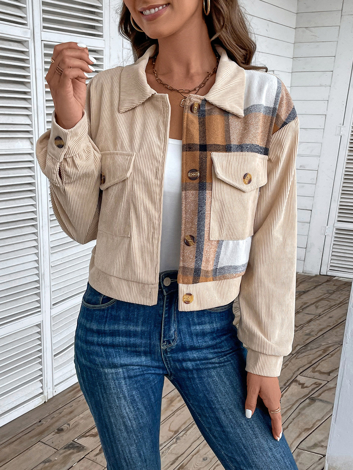 Cozy Button-Up Patchwork Jacket with Collared Neck & Long Sleeves