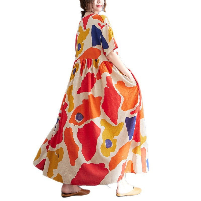 Orange Flower Linen Dress One Size