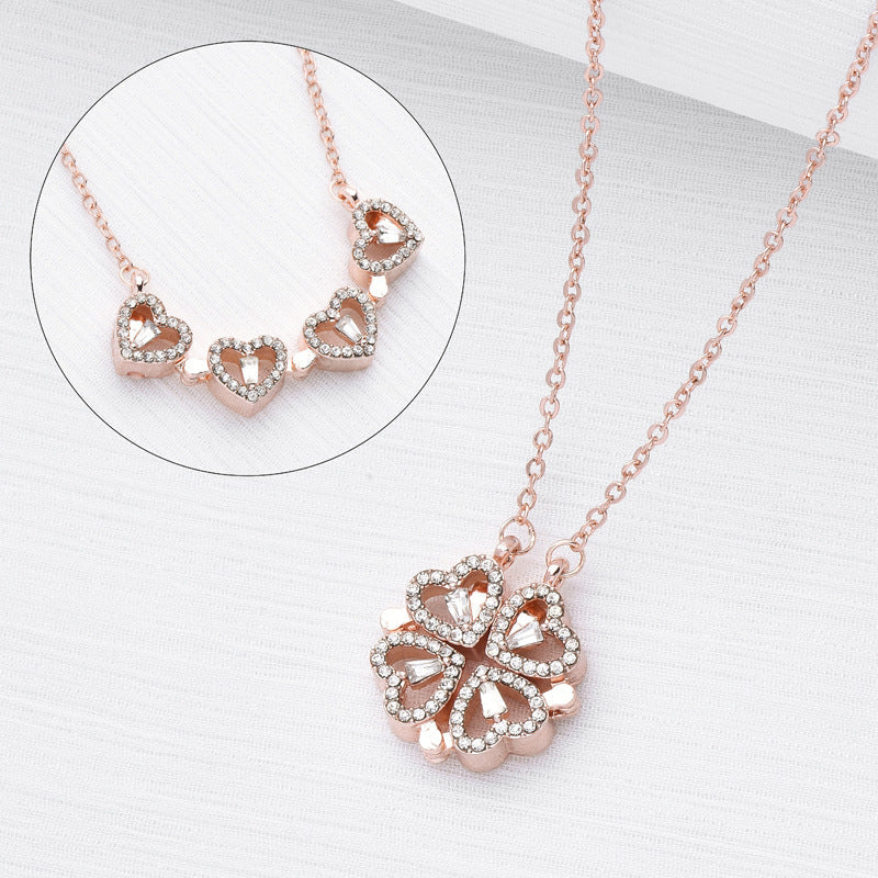 Retro Magnetic Transforming Folding Heart Shaped Four Leaf Clover Pendant Necklace.