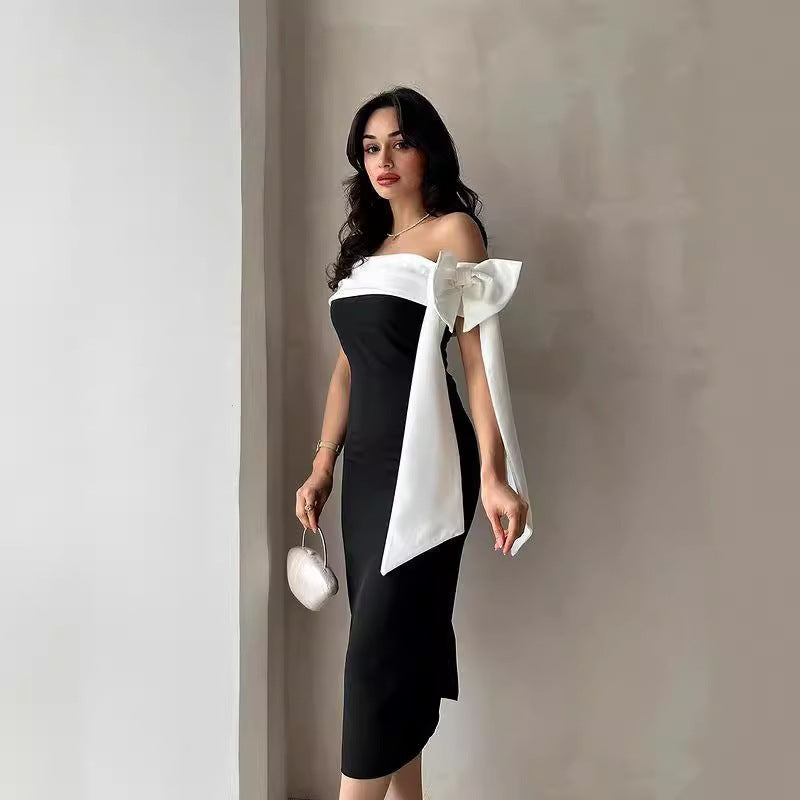 Elegant Cocktail Bow Off-Shoulder Black White Dress
