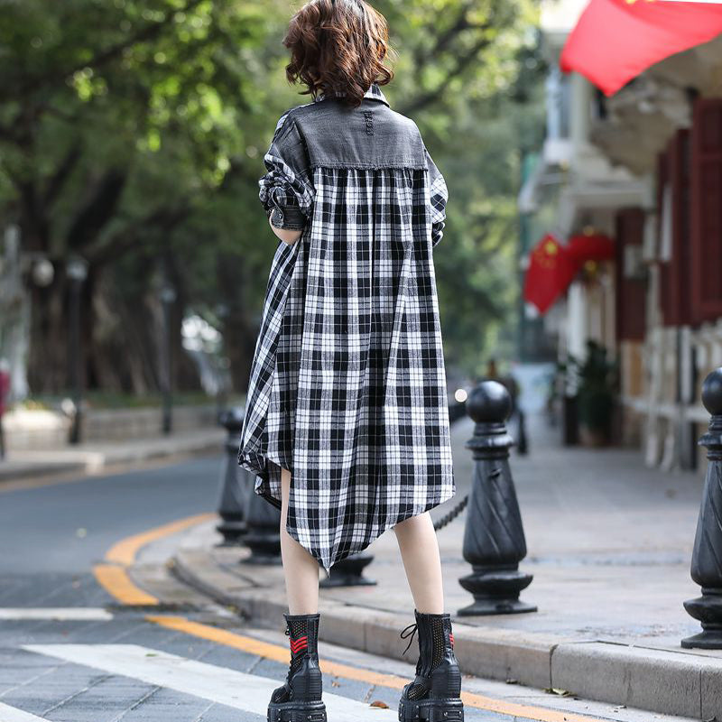 Contrast Coolness Denim Paneled Plaid Dress