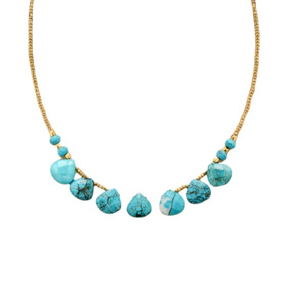 Boho Turquoise Beads Necklace Gold Beads.