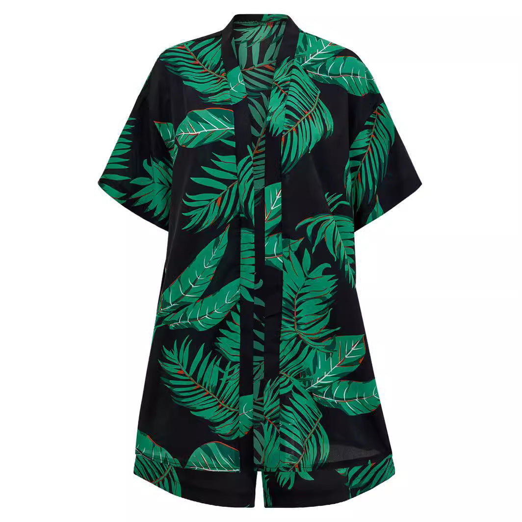 Leafy Print Casual Short Sleeve Shirt Top And Drawstring Shorts