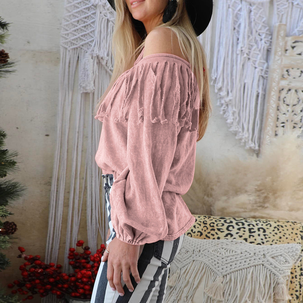 Country Modern Tassels Off-Shoulder Blouse & Lantern Sleeves