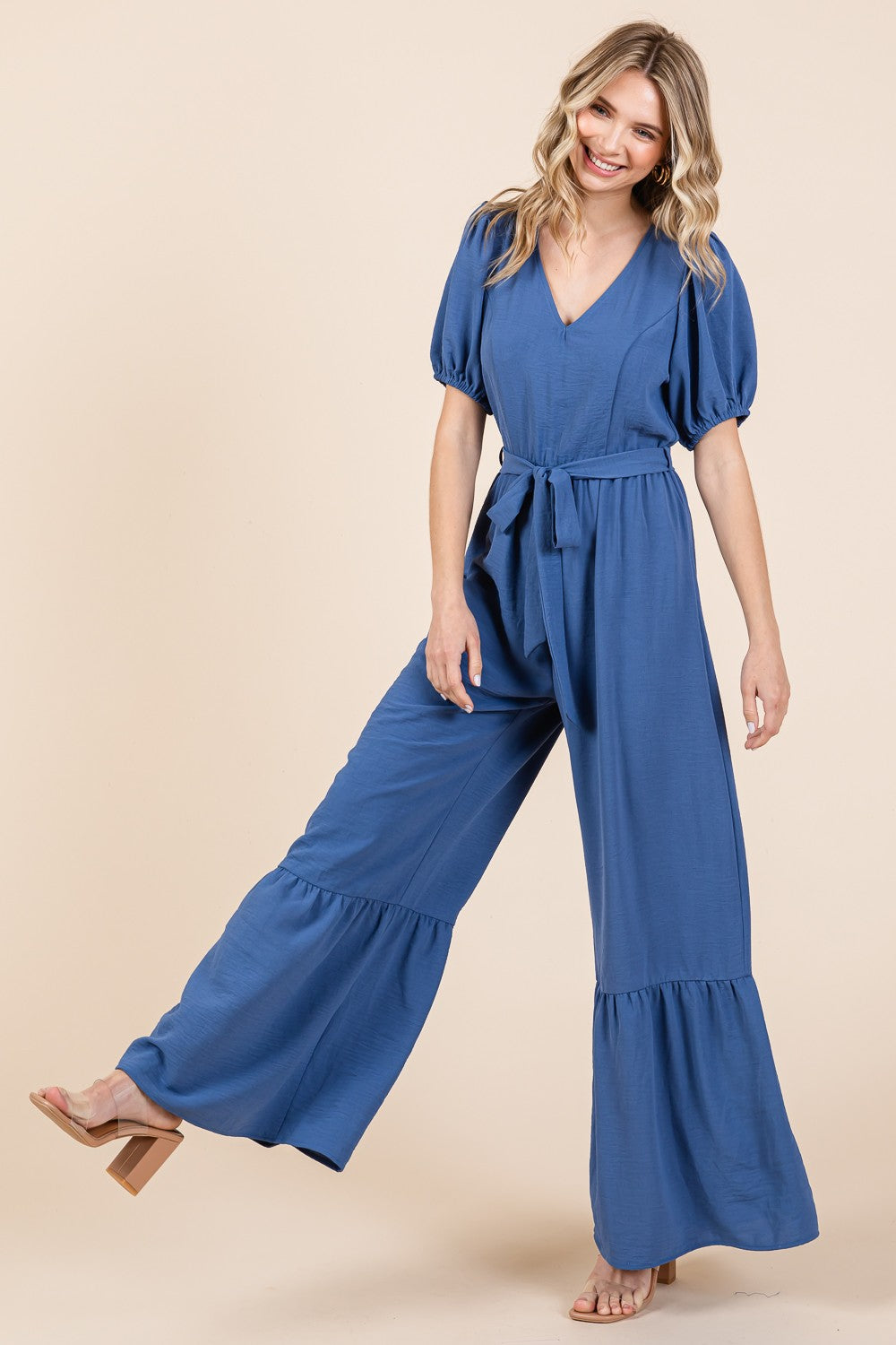 Denim Blue Full Size V-Neck Belted Wide Leg Jumpsuit