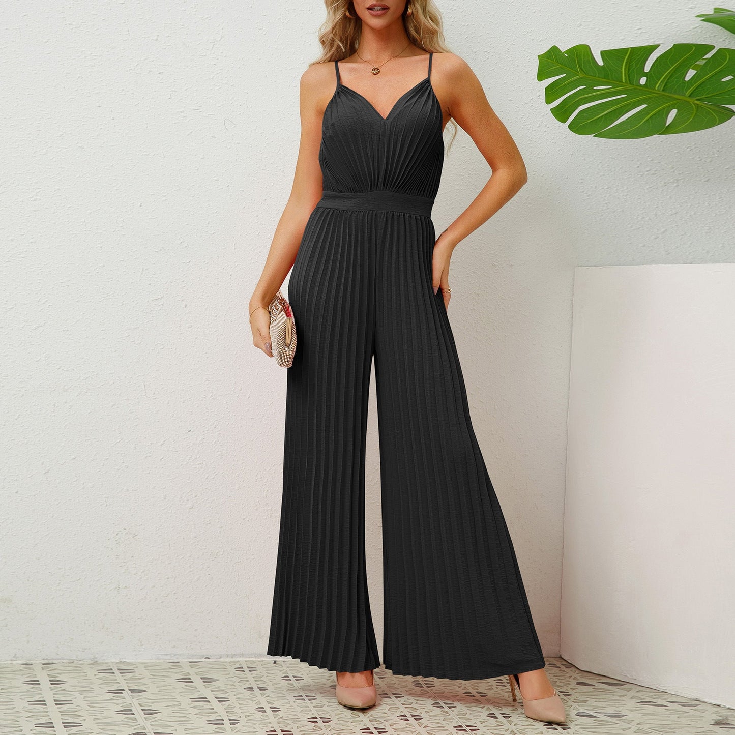 Pleated V-neck Suspender Loose Jumpsuit