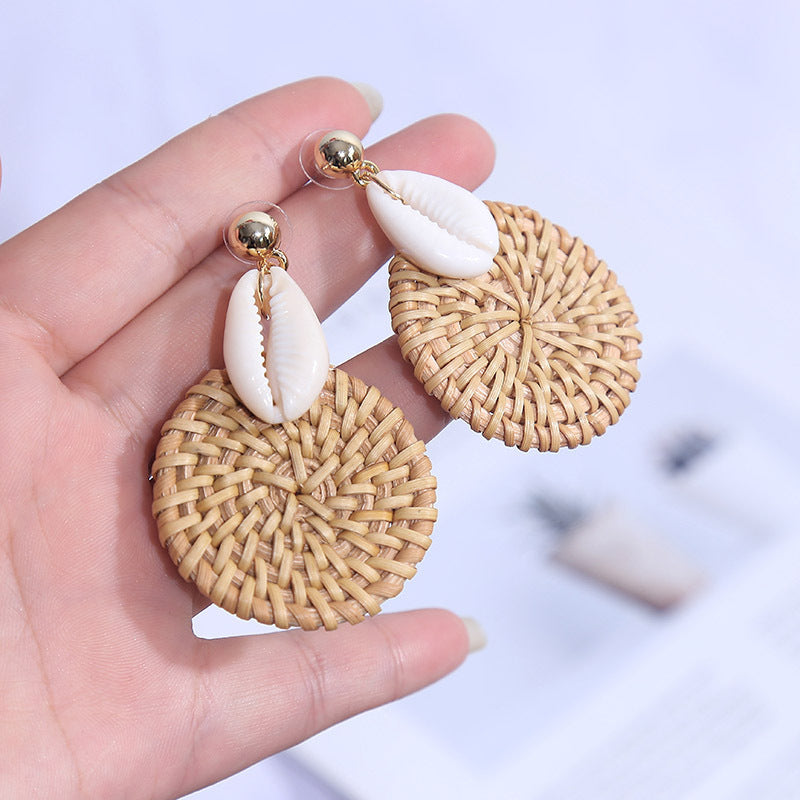 Handmade Boho Round Shell Rattan Woven Earrings.