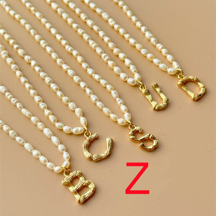 Custom Personalized Natural Freshwater Grain Pearl Letter Necklace Vintage Classic.