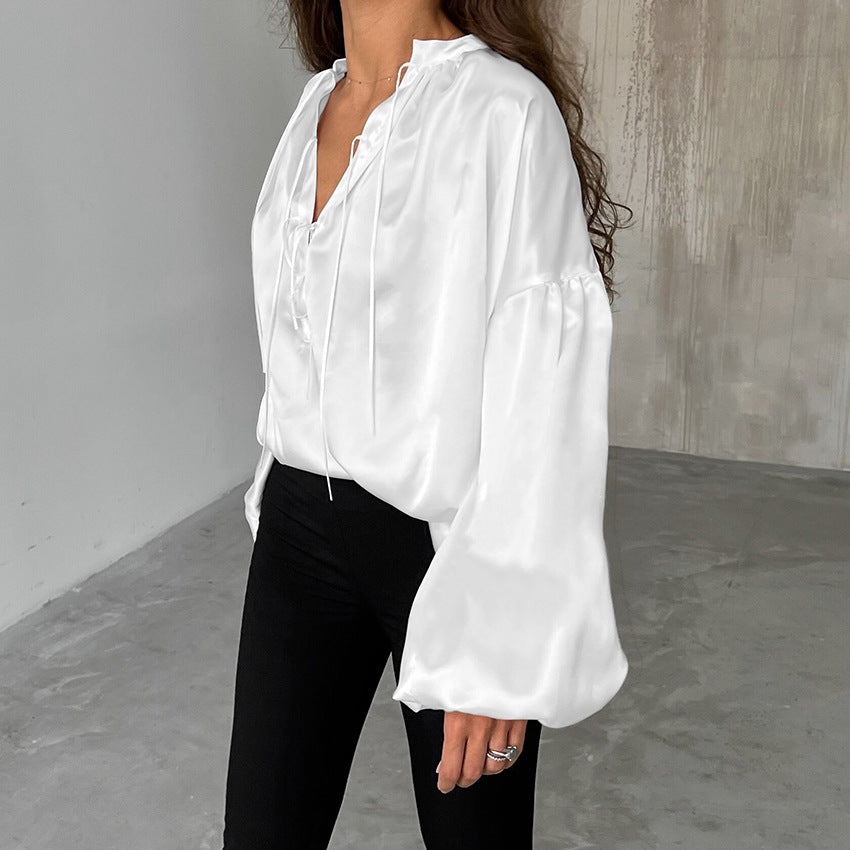Luxe Satin Stand Collar Loose Sleeves Shirt