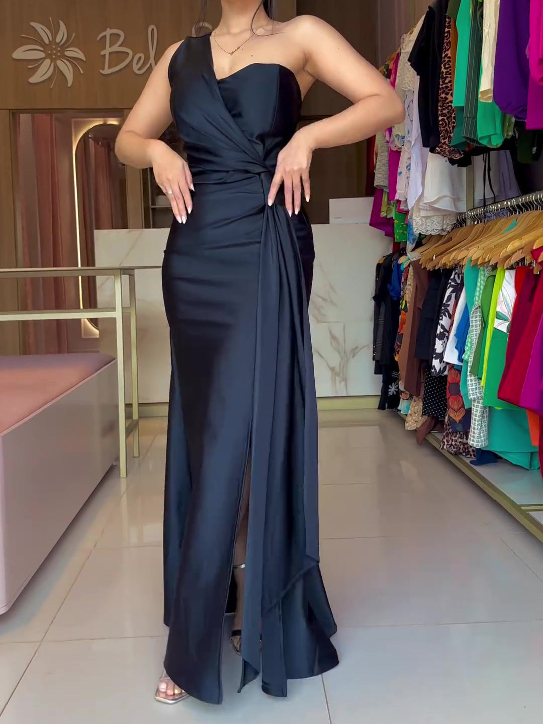 Navy Blue Elegant Night One-sleeve Knotted Slit Mxi Dress
