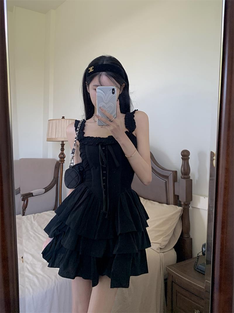 Cake Black Dress Hepburn Style Sling Dress