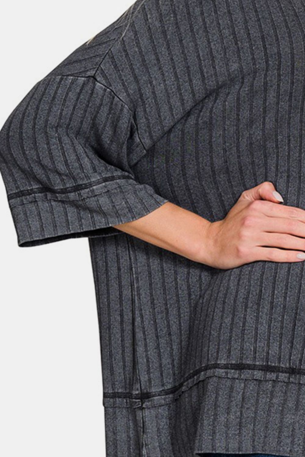 Ash Black Washed Ribbed Drop Shoulder Half Sleeve Top