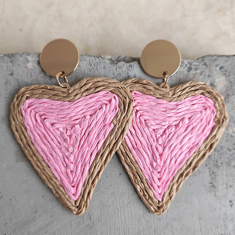 Raffia Grass Heart Shaped Teardrop Earrings.