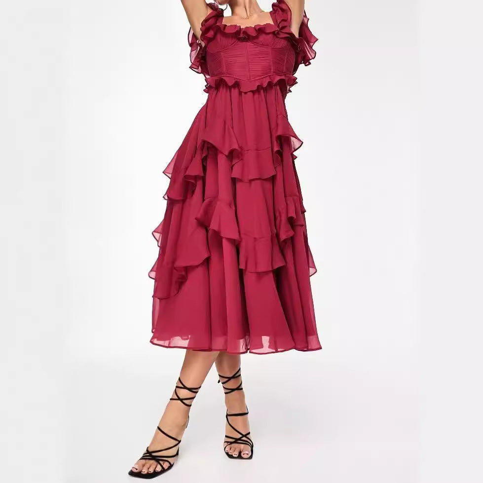 Gorgeous Pleated Ruffled Short-Sleeved Maxi Dress with Backless Square Neck