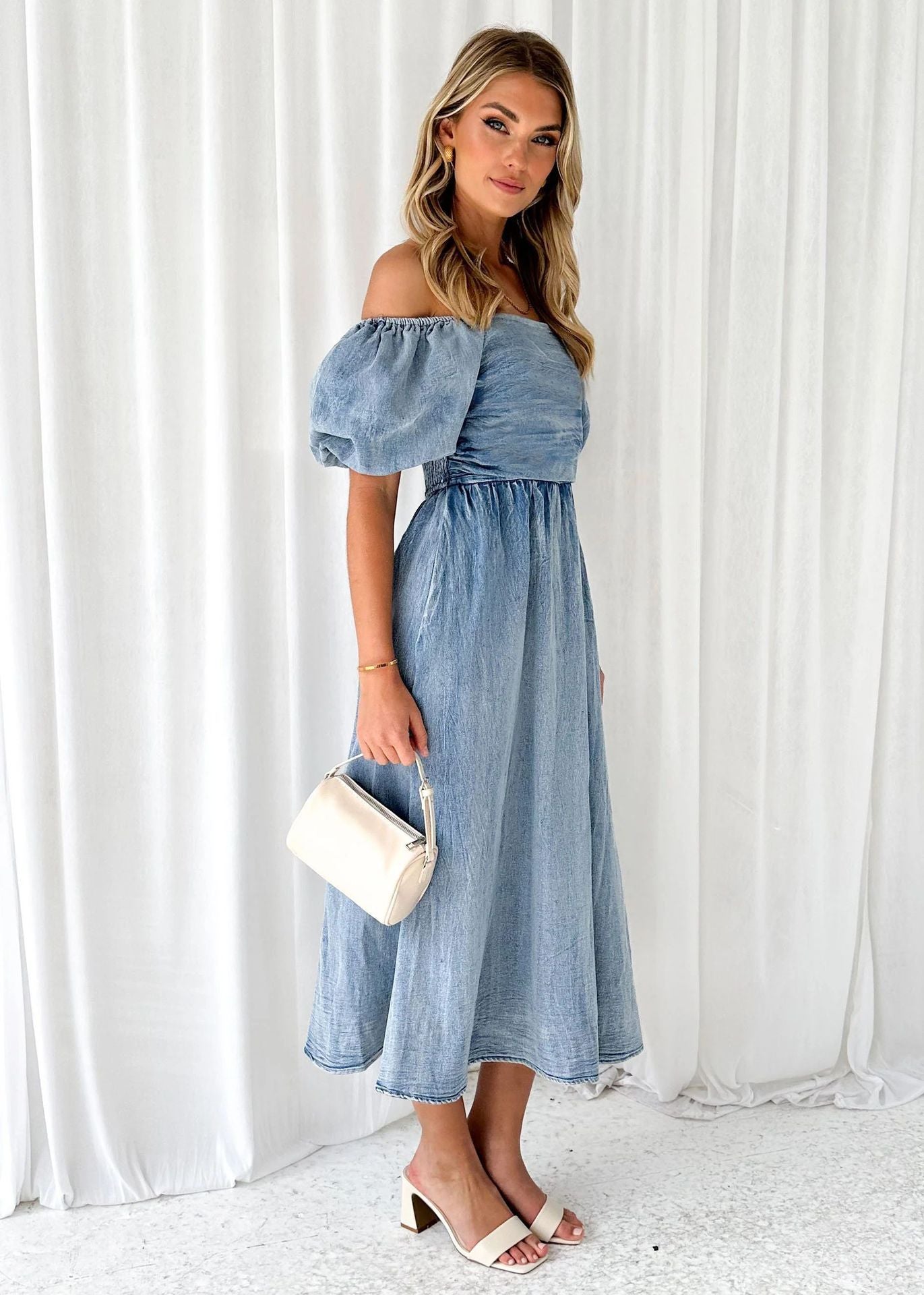Denim Waist-tight Long Dress with Puff Sleeve