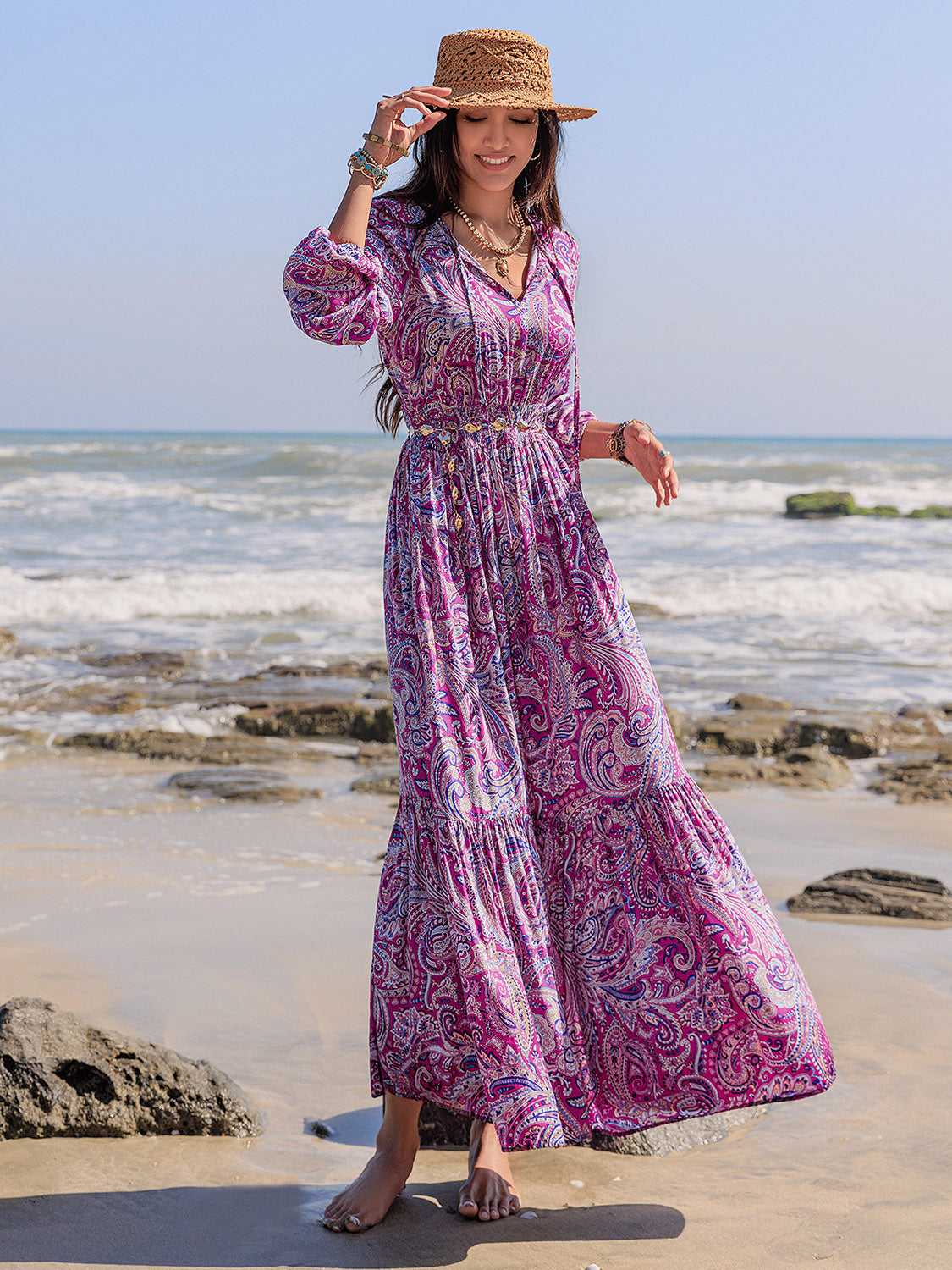 Abstract Purple Printed Balloon Maxi Dress with & Long Sleeves
