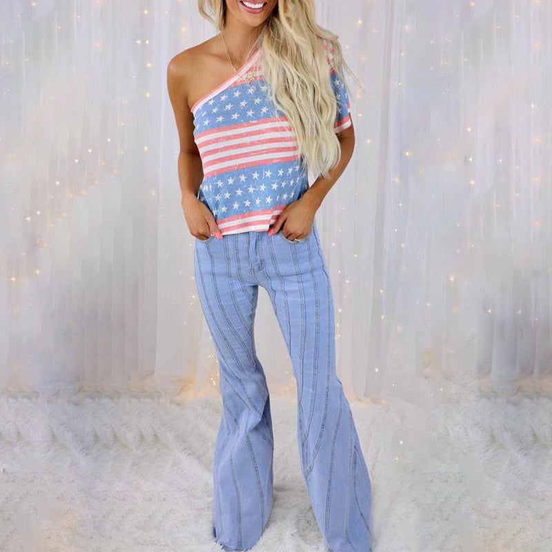 America Flag Printed Slanted Shoulder Top