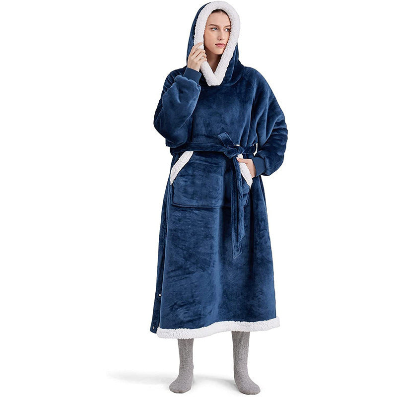 Winter Hoodie Fleece Robe With Button Design Oversized Pullover
