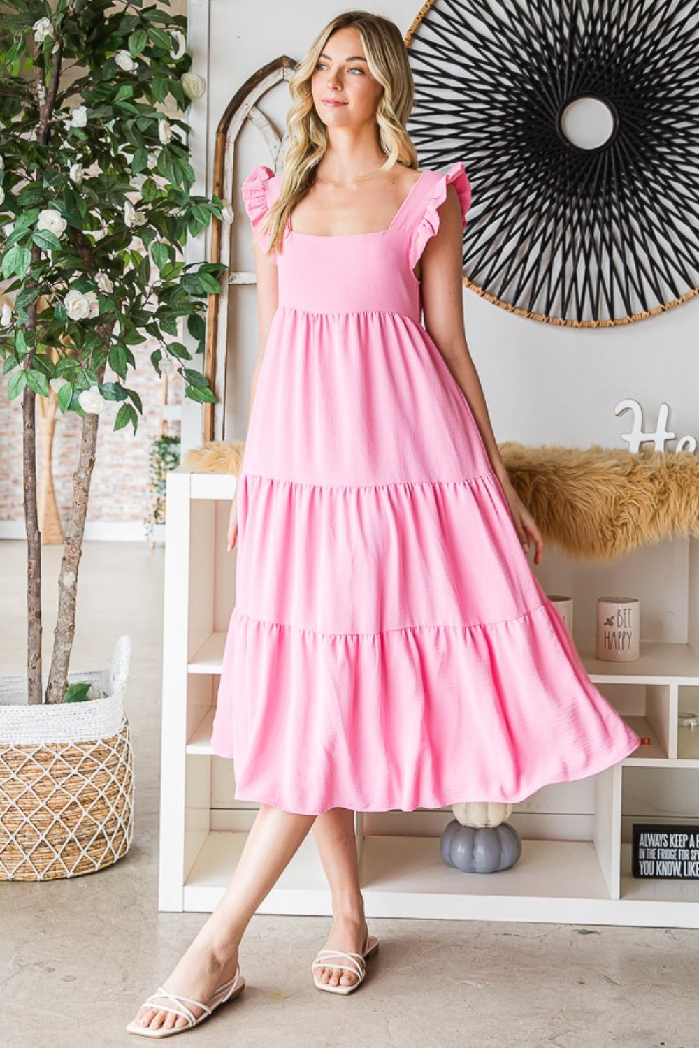 Sugar Pink Ruffled Sleeveless Tiered Midi Dress