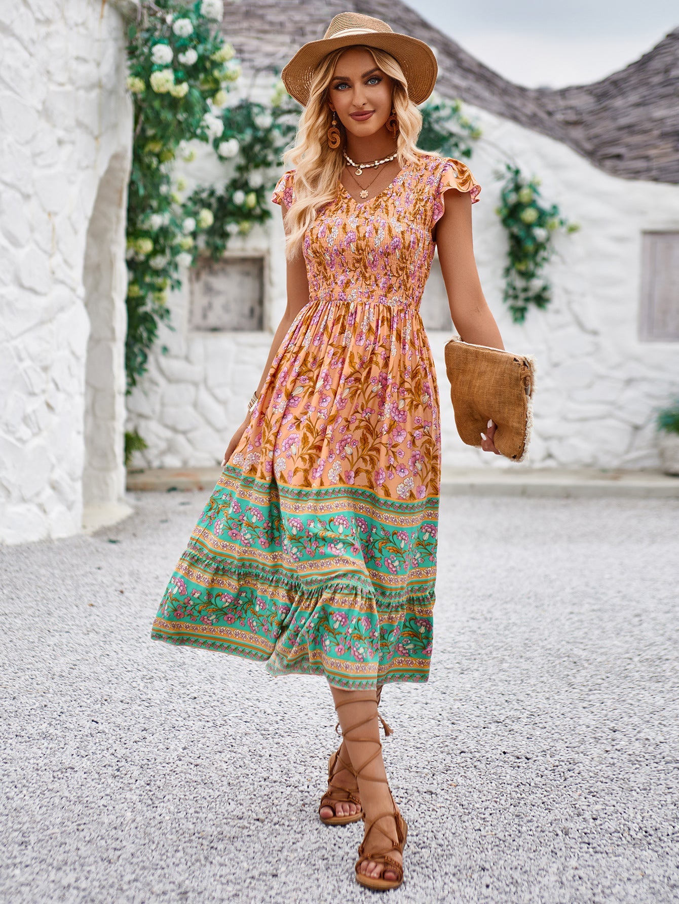 Tropical Floral Ruffled Sleeve V-neck Dress