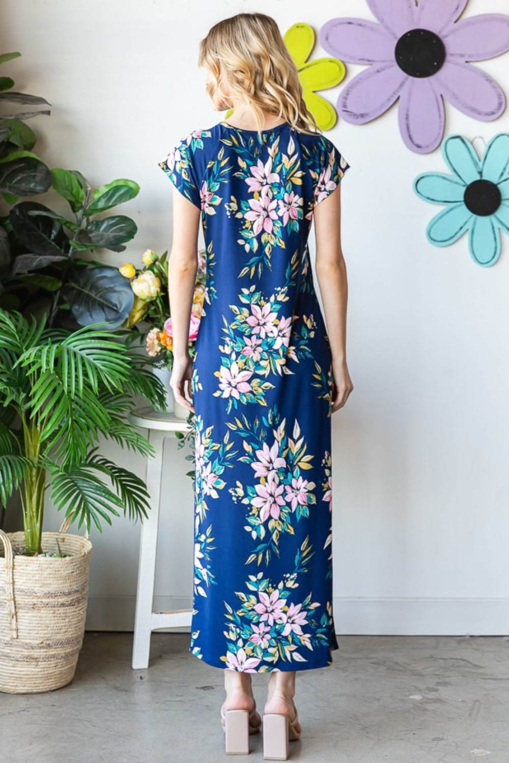 Floral Blue Maxi Dress  Short Sleeve