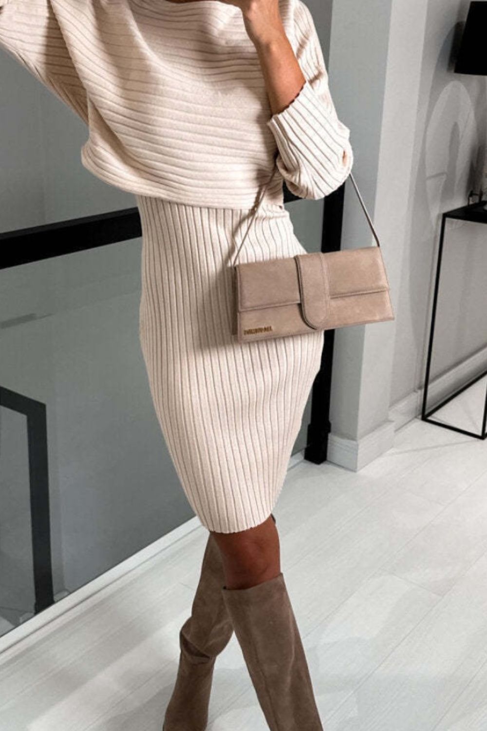 Ribbed Round Neck Top & Cami Sweater Dress Set