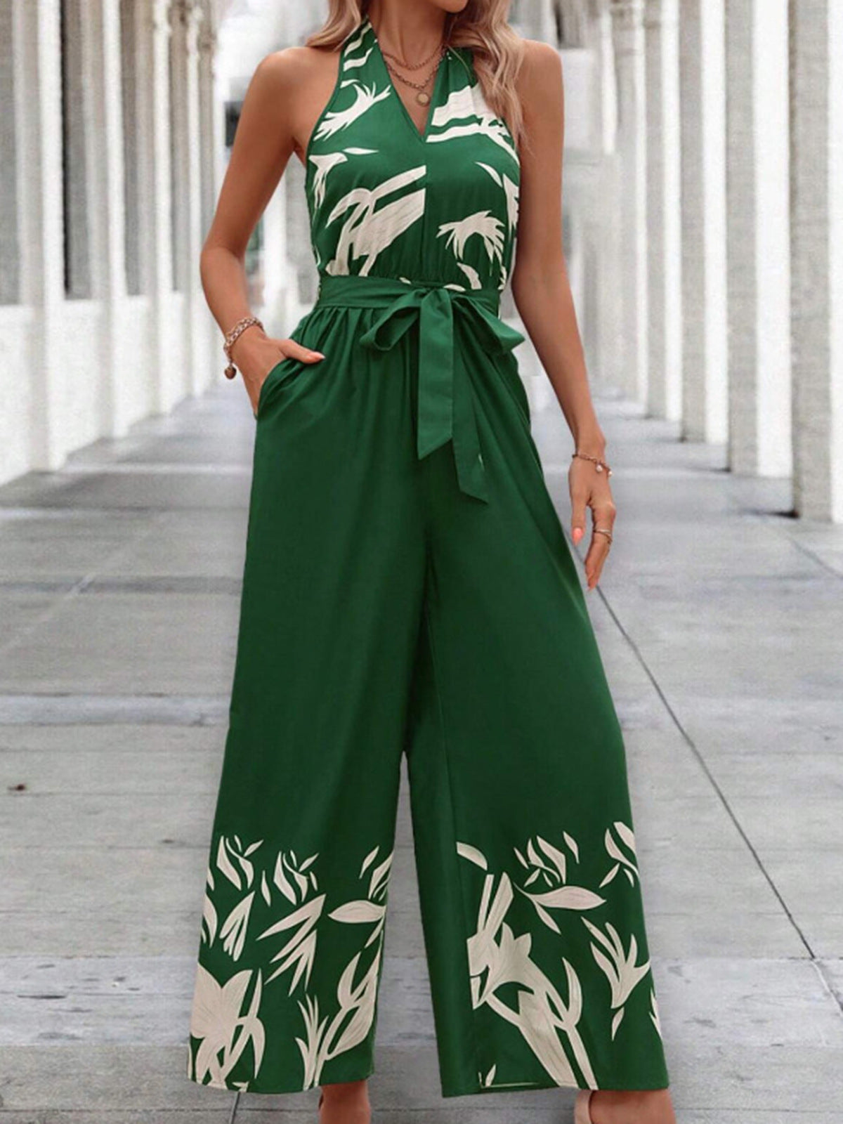 Forest Printing Belt Halter Backless Jumpsuit