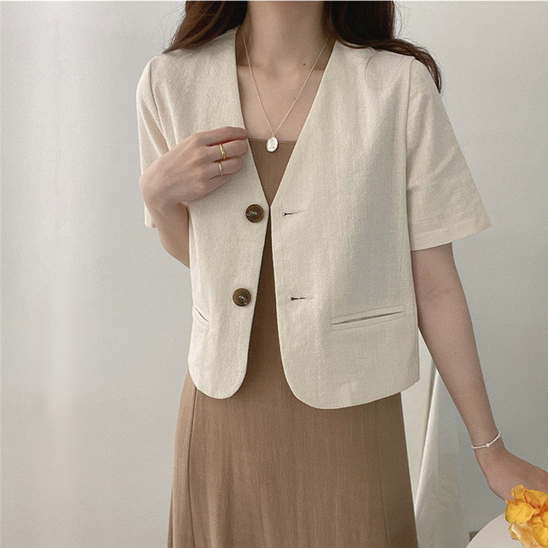 Simple Deep V-neck Cotton Linen Casual Jacket