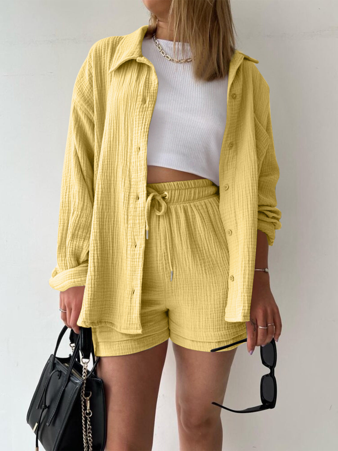 Casual Texture Button-Up Shirt and Drawstring Shorts Set