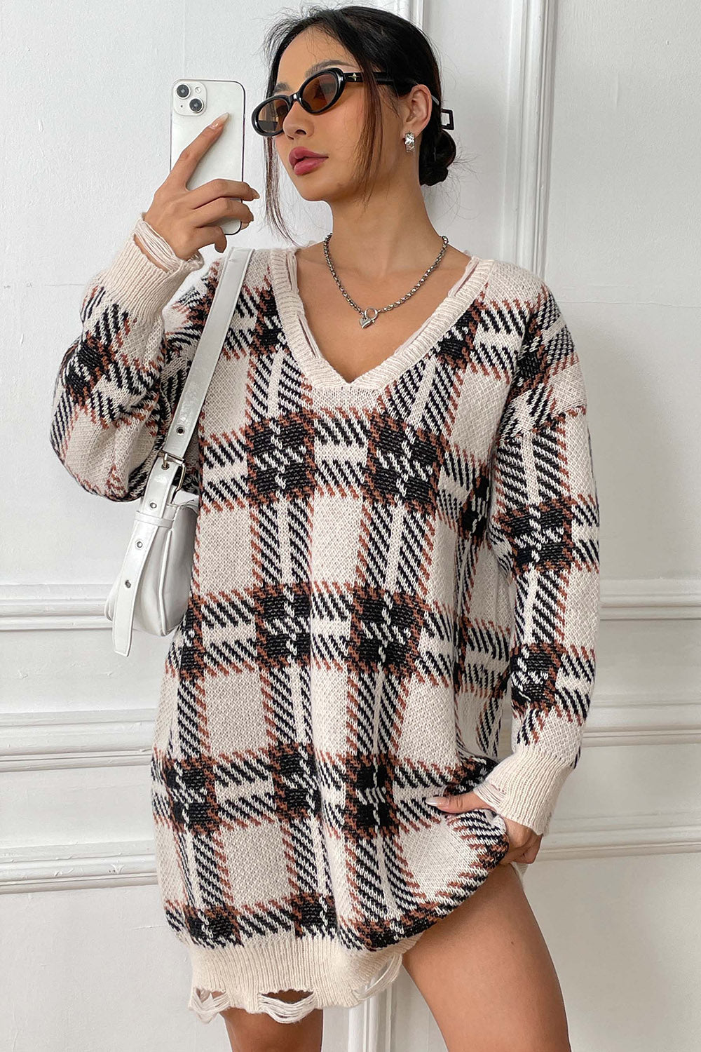 Plaid V-Neck Sweater Dress with  Long Sleeve