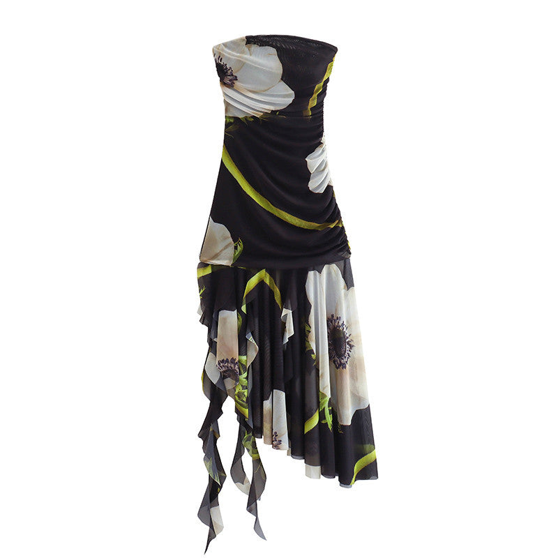 Floral Printed Silk Net Tube Top Dress