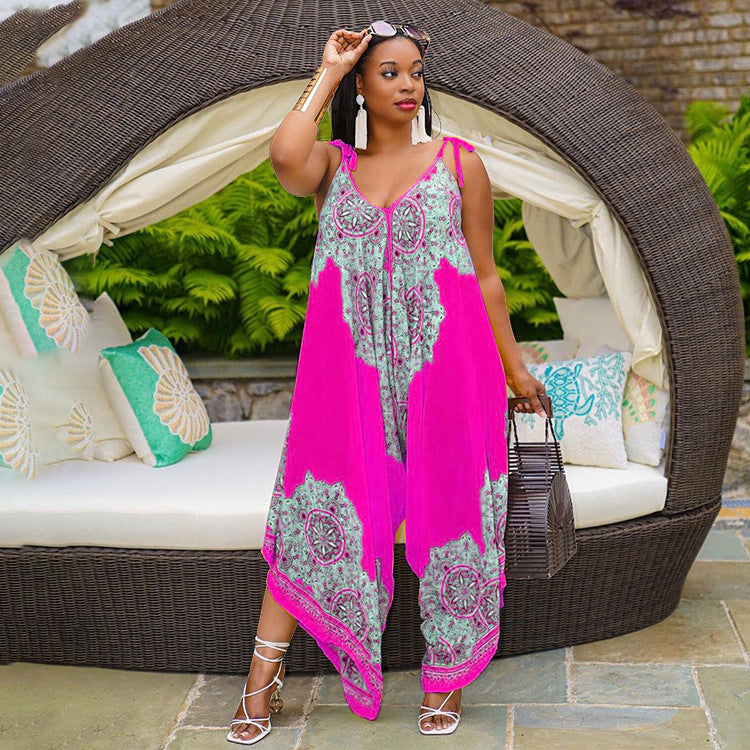 Printed Vibrant Fashion Loose Suspenders Jumpsuit