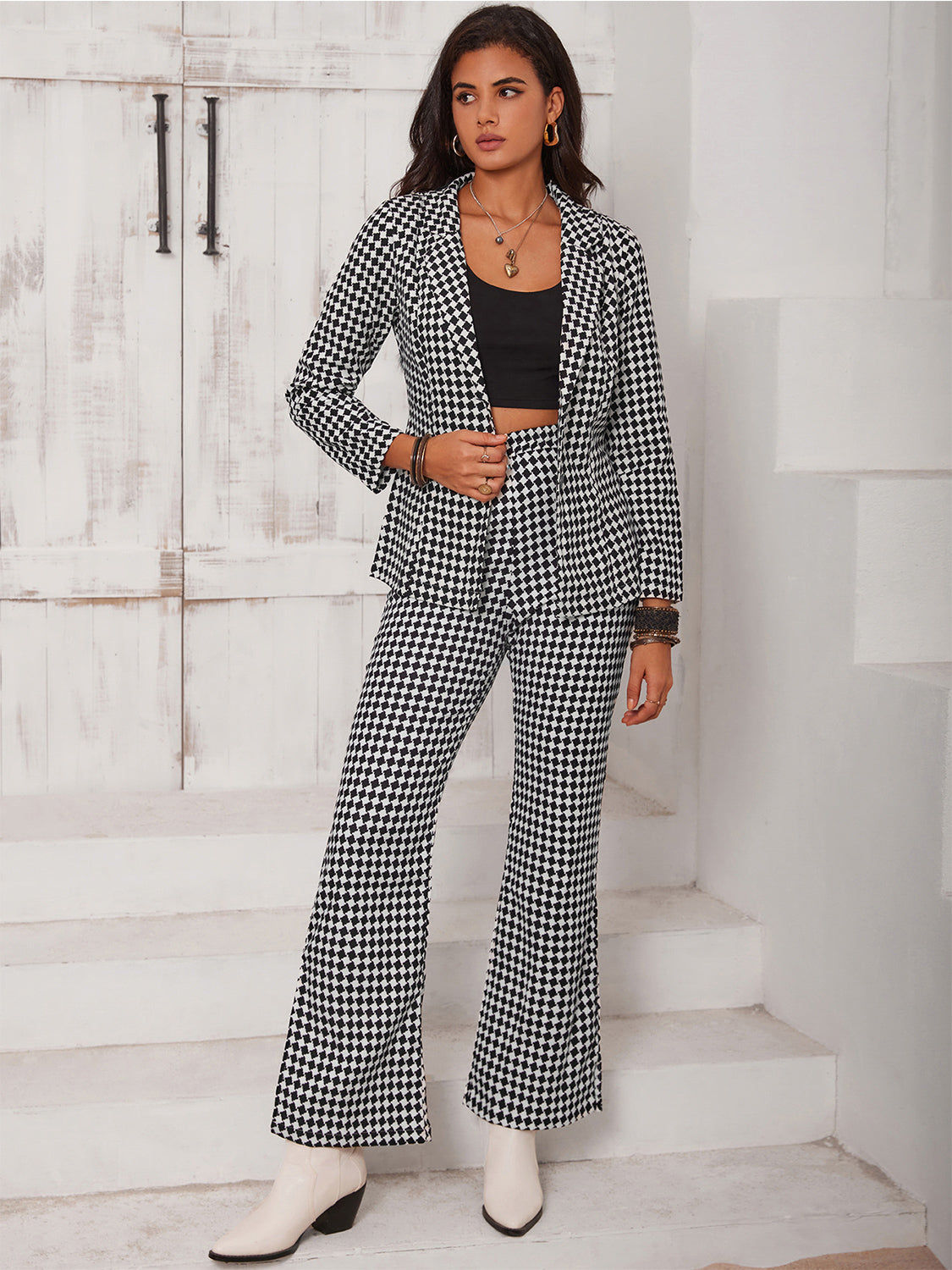 Classic Checkered Blazer & Slit Pants Set
