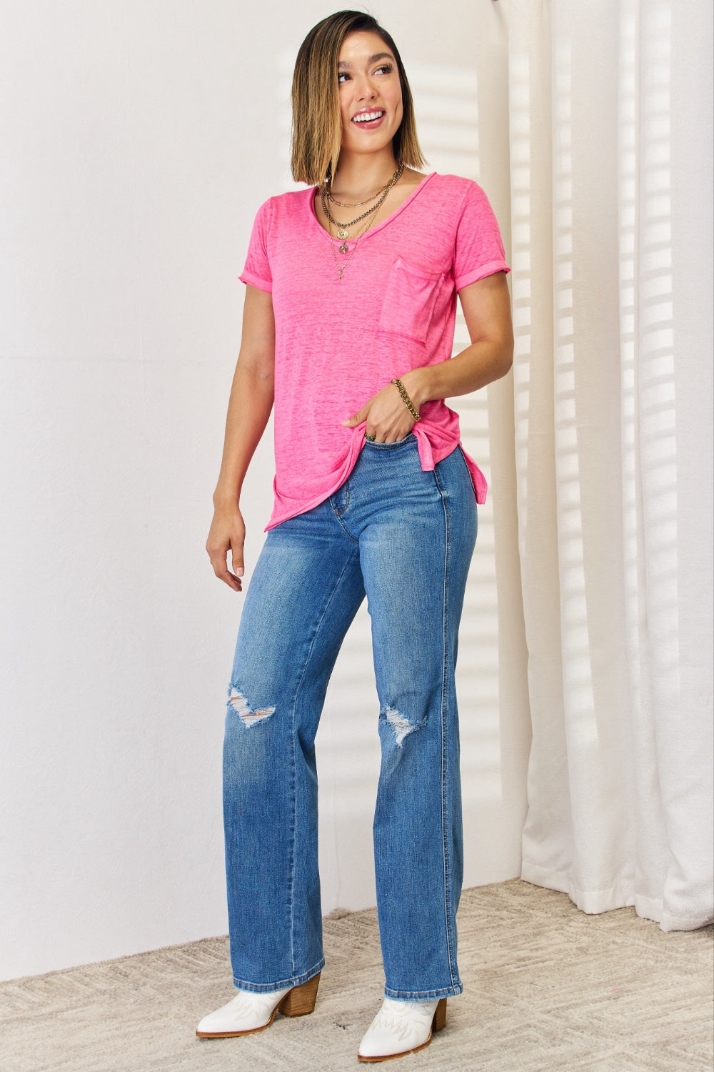 Fuchsia V-Neck T-Shirt Top with  Short Sleeve