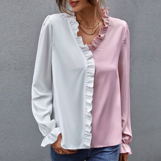 Two Tone  V-neck Ruffle Blouse with  Lotus leaf Sleeve