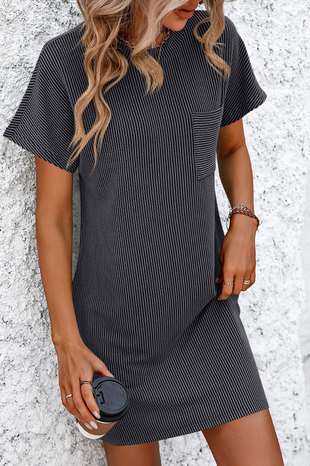 Weekend Ready Ribbed Striped Short Sleeve Dress
