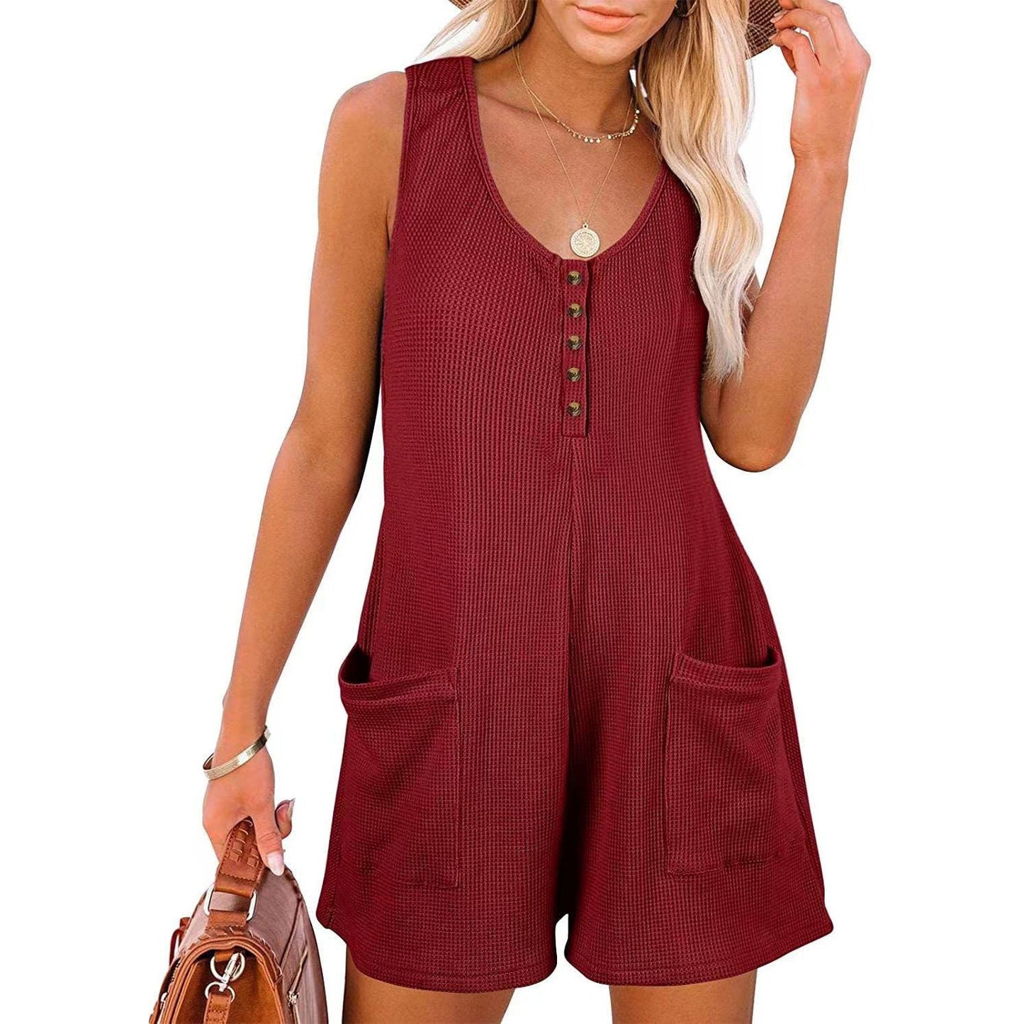 Waffle Button Jumpsuit Straight Shorts With Pockets