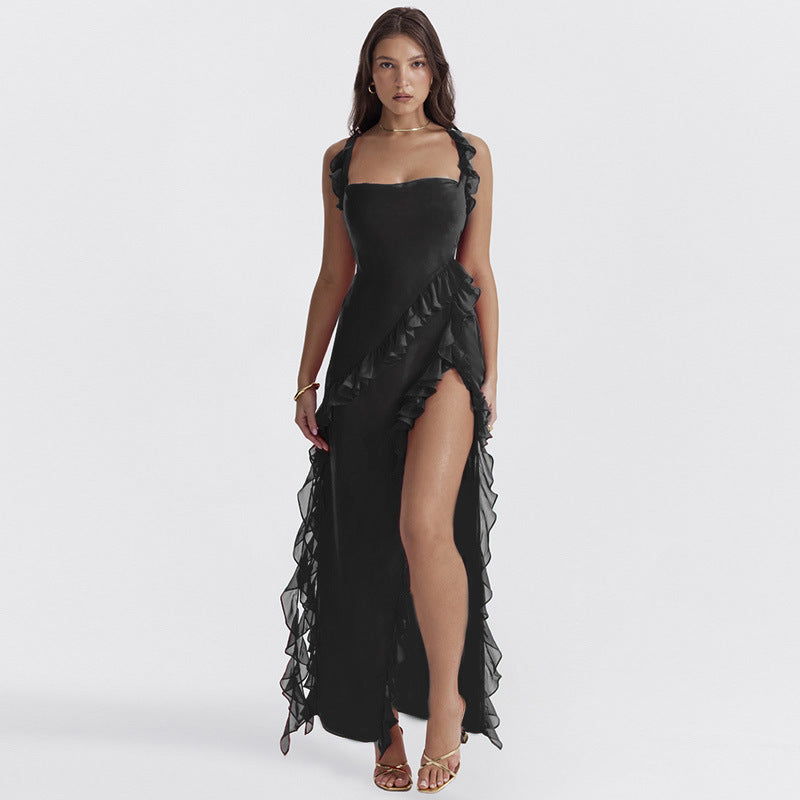 Ruffle Thigh High Split Spaghetti Strap Dress