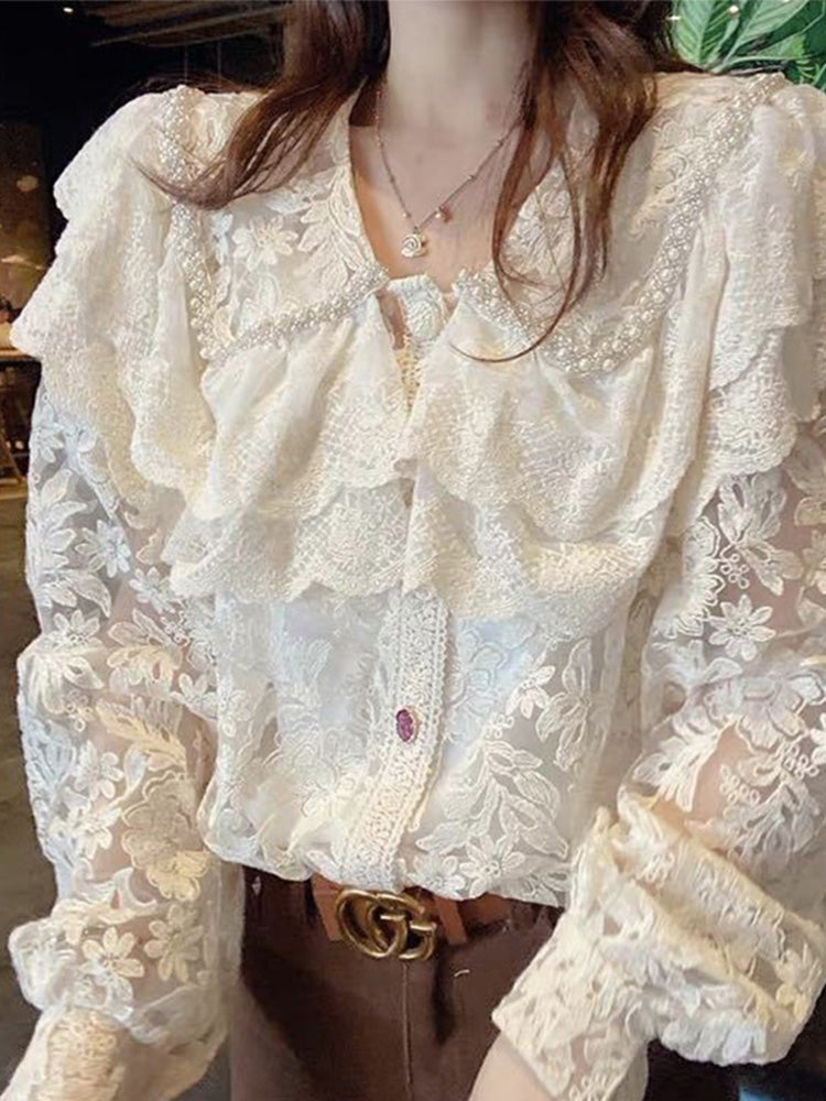 Chic Design Sense Niche V-Neck Lace Blouse  Layered  Ruffles Hem