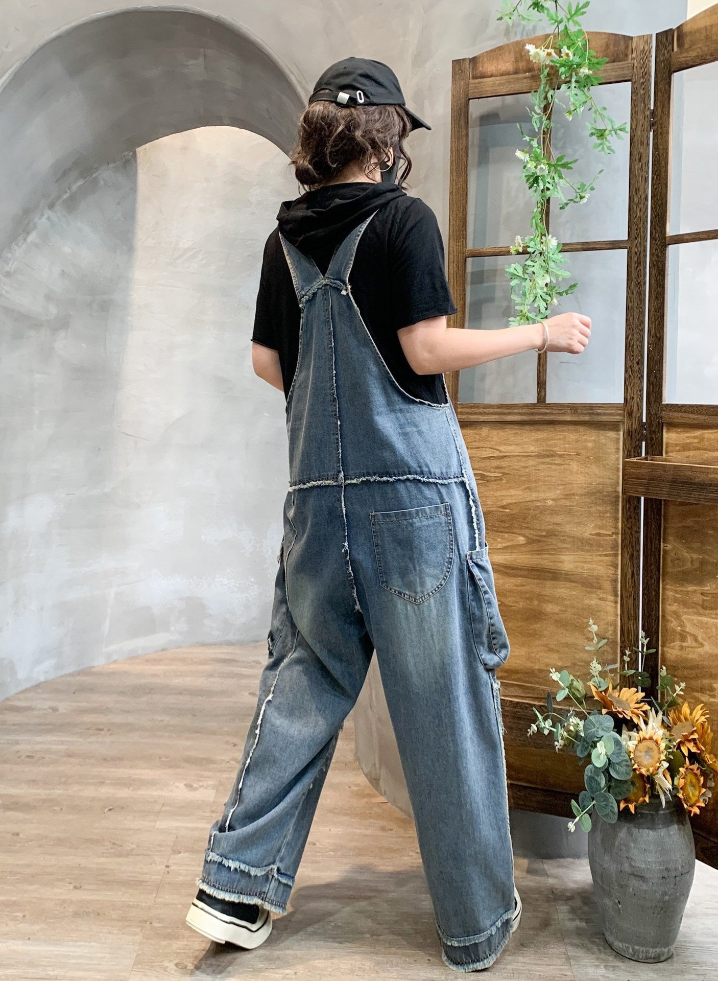 Retro Pocket Raw Edge Denim Suspender Pants