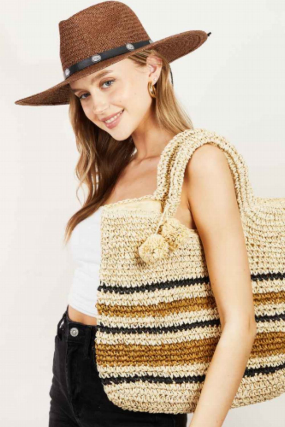 Fame Striped Straw Braided Tote Bag : Women Summer Essentials
