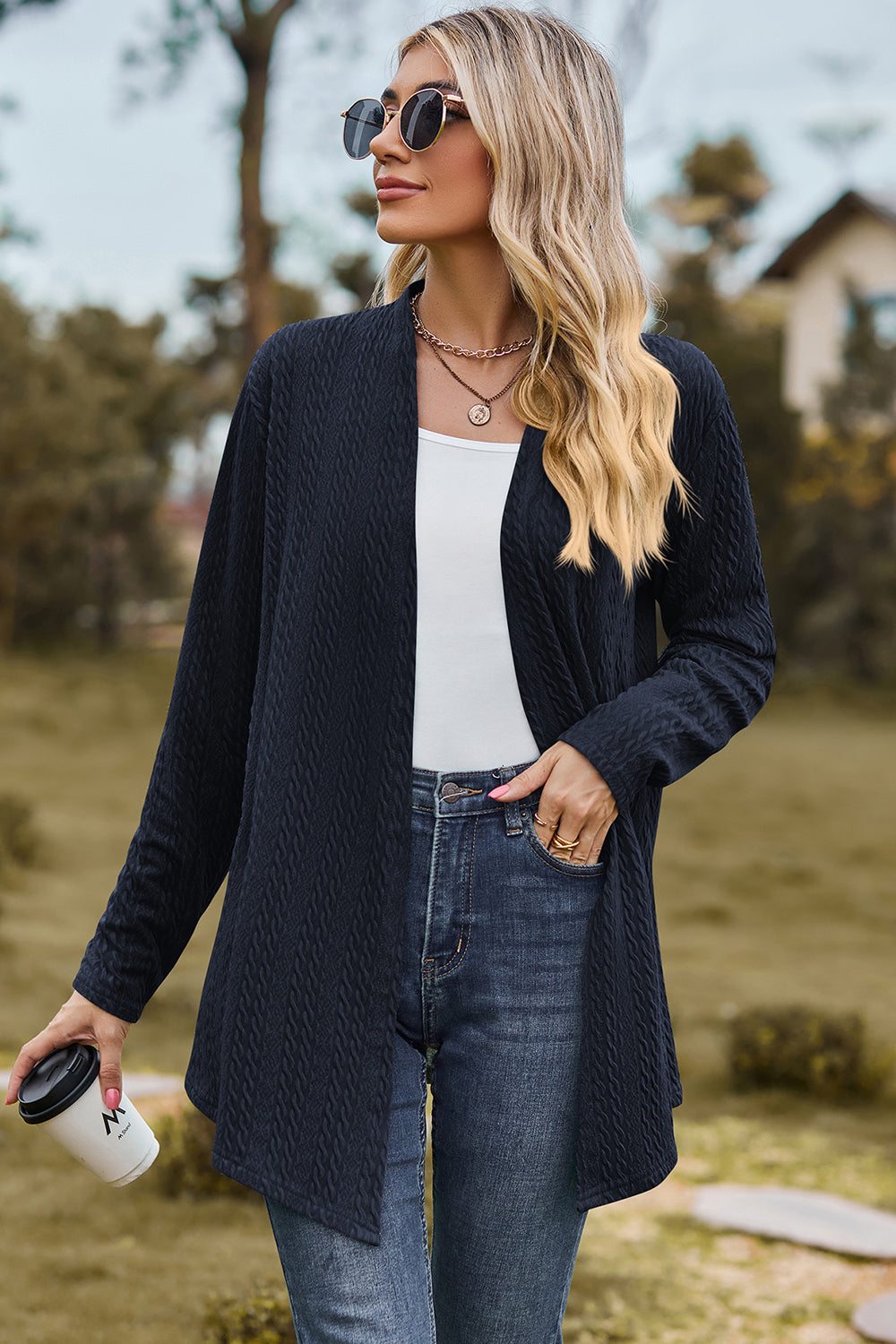 Classic Design Textured Open Front Long Sleeve Cardigan