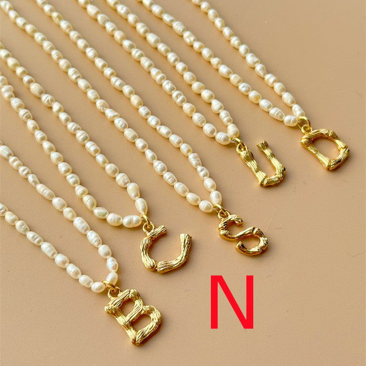 Custom Personalized Natural Freshwater Grain Pearl Letter Necklace Vintage Classic.
