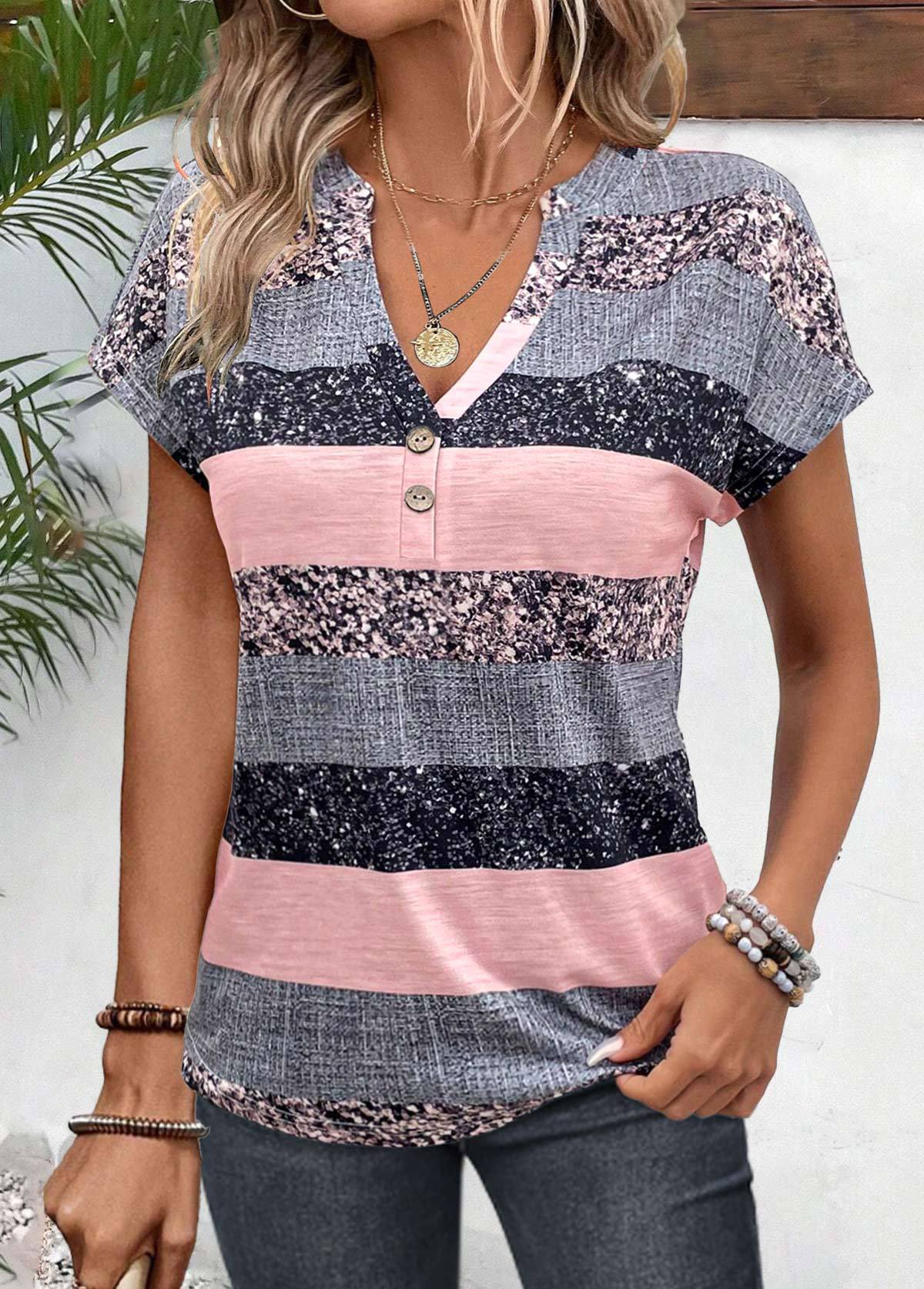 British Style   Striped V-neck Summer Casual T-shirt w/ Short Sleeve